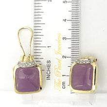 Load image into Gallery viewer, 14K Yellow Gold Diamond &amp; Cabochon Lavender Jade Omega Clip Earrings