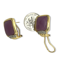 Load image into Gallery viewer, 14K Yellow Gold Diamond &amp; Cabochon Lavender Jade Omega Clip Earrings