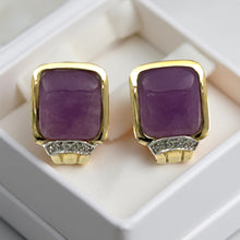 Load image into Gallery viewer, 14K Yellow Gold Diamond &amp; Cabochon Lavender Jade Omega Clip Earrings