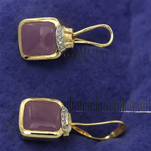Load image into Gallery viewer, 14K Yellow Gold Diamond &amp; Cabochon Lavender Jade Omega Clip Earrings