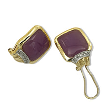 Load image into Gallery viewer, 14K Yellow Gold Diamond &amp; Cabochon Lavender Jade Omega Clip Earrings