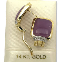 Load image into Gallery viewer, 14K Yellow Gold Diamond &amp; Cabochon Lavender Jade Omega Clip Earrings