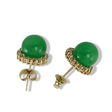 Load image into Gallery viewer, 14K Yellow Gold Diamond Green Jade Stud Earrings