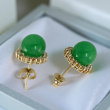 Load image into Gallery viewer, 14K Yellow Gold Diamond Green Jade Stud Earrings