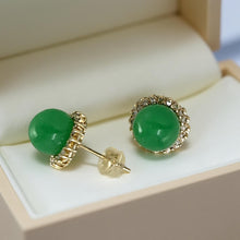Load image into Gallery viewer, 14K Yellow Gold Diamond Green Jade Stud Earrings