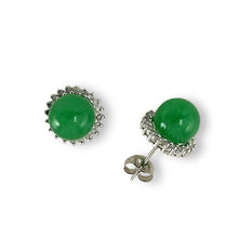 Load image into Gallery viewer, 14K White Gold Diamond Green Jade Stud Earrings