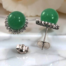 Load image into Gallery viewer, 14K White Gold Diamond Green Jade Stud Earrings