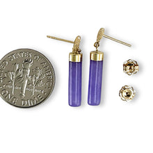 Load image into Gallery viewer, 14K Yellow Gold Good Fortune Dangle Tube Lavender Jade Earrings