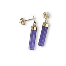 Load image into Gallery viewer, 14K Yellow Gold Good Fortune Dangle Tube Lavender Jade Earrings
