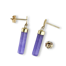 Load image into Gallery viewer, 14K Yellow Gold Good Fortune Dangle Tube Lavender Jade Earrings