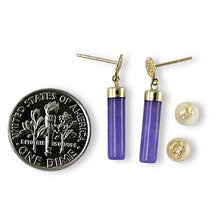 Load image into Gallery viewer, 14K Yellow Gold Good Fortune Dangle Tube Lavender Jade Earrings