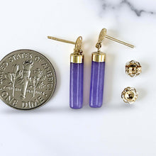 Load image into Gallery viewer, 14K Yellow Gold Good Fortune Dangle Tube Lavender Jade Earrings