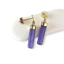Load image into Gallery viewer, 14K Yellow Gold Good Fortune Dangle Tube Lavender Jade Earrings