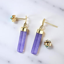Load image into Gallery viewer, 14K Yellow Gold Good Fortune Dangle Tube Lavender Jade Earrings