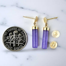 Load image into Gallery viewer, 14K Yellow Gold Good Fortune Dangle Tube Lavender Jade Earrings