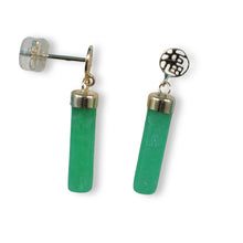 Load image into Gallery viewer, 14K Yellow Gold Good Fortune Dangle Tube Green Jade Earrings