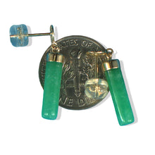 Load image into Gallery viewer, 14K Yellow Gold Good Fortune Dangle Tube Green Jade Earrings