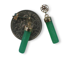 Load image into Gallery viewer, 14K Yellow Gold Good Fortune Dangle Tube Green Jade Earrings