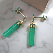 Load image into Gallery viewer, 14K Yellow Gold Good Fortune Dangle Tube Green Jade Earrings