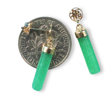 Load image into Gallery viewer, 14K Yellow Gold Good Fortune Dangle Tube Green Jade Earrings