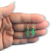 Load image into Gallery viewer, 14K Yellow Gold Good Fortune Dangle Tube Green Jade Earrings