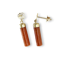 Load image into Gallery viewer, 14K Yellow Gold Good Fortune Red Jade Dangle Earrings