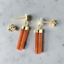 Load image into Gallery viewer, 14K Yellow Gold Good Fortune Red Jade Dangle Earrings