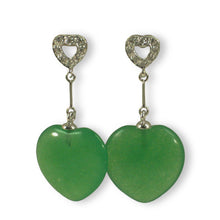 Load image into Gallery viewer, 14K White Gold Diamond Green Jade Heart Dangle Earrings
