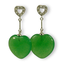 Load image into Gallery viewer, 14K White Gold Diamond Green Jade Heart Dangle Earrings