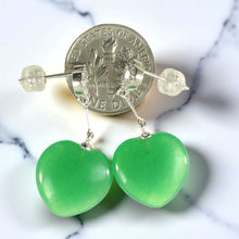 Load image into Gallery viewer, 14K White Gold Diamond Green Jade Heart Dangle Earrings