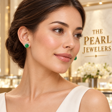 Load image into Gallery viewer, 14K White Gold Unique Diamond Green Jade Stud Earrings