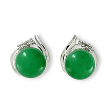 Load image into Gallery viewer, 14K White Gold Unique Diamond Green Jade Stud Earrings