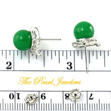 Load image into Gallery viewer, 14K White Gold Unique Diamond Green Jade Stud Earrings