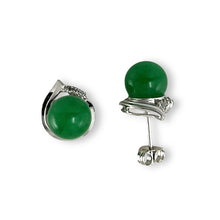 Load image into Gallery viewer, 14K White Gold Unique Diamond Green Jade Stud Earrings