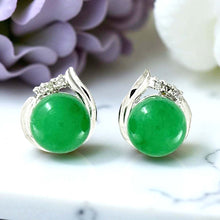 Load image into Gallery viewer, 14K White Gold Unique Diamond Green Jade Stud Earrings