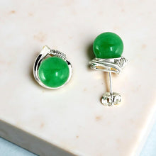 Load image into Gallery viewer, 14K White Gold Unique Diamond Green Jade Stud Earrings