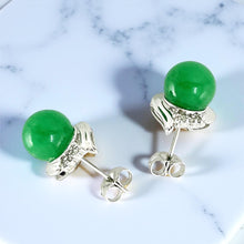 Load image into Gallery viewer, 14K White Gold Unique Diamond Green Jade Stud Earrings