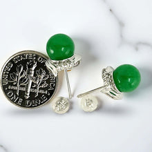 Load image into Gallery viewer, 14K White Gold Unique Diamond Green Jade Stud Earrings