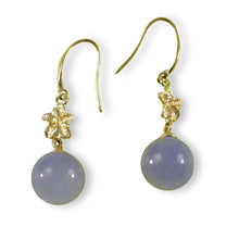 Load image into Gallery viewer, 14K Yellow Gold Hawaiian Plumeria Lavender Jade Hook Earrings