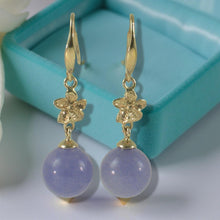 Load image into Gallery viewer, 14K Yellow Gold Hawaiian Plumeria Lavender Jade Hook Earrings