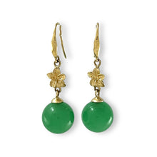 Load image into Gallery viewer, 14K Yellow Gold Hawaiian Plumeria Green Jade Hook Earrings