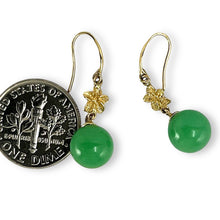 Load image into Gallery viewer, 14K Yellow Gold Hawaiian Plumeria Green Jade Hook Earrings