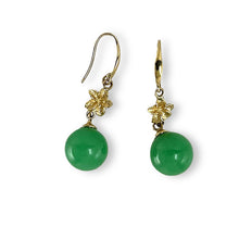 Load image into Gallery viewer, 14K Yellow Gold Hawaiian Plumeria Green Jade Hook Earrings