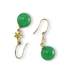 Load image into Gallery viewer, 14K Yellow Gold Hawaiian Plumeria Green Jade Hook Earrings