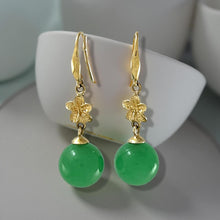 Load image into Gallery viewer, 14K Yellow Gold Hawaiian Plumeria Green Jade Hook Earrings