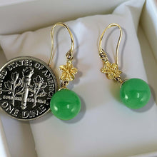 Load image into Gallery viewer, 14K Yellow Gold Hawaiian Plumeria Green Jade Hook Earrings
