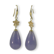 Load image into Gallery viewer, 14K Yellow Gold Hawaiian Plumeria Raindrop Lavender Jade Hook Earrings