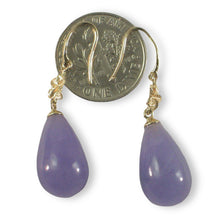 Load image into Gallery viewer, 14K Yellow Gold Hawaiian Plumeria Raindrop Lavender Jade Hook Earrings