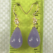 Load image into Gallery viewer, 14K Yellow Gold Hawaiian Plumeria Raindrop Lavender Jade Hook Earrings