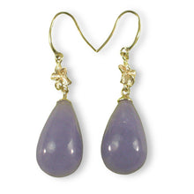 Load image into Gallery viewer, 14K Yellow Gold Hawaiian Plumeria Raindrop Lavender Jade Hook Earrings